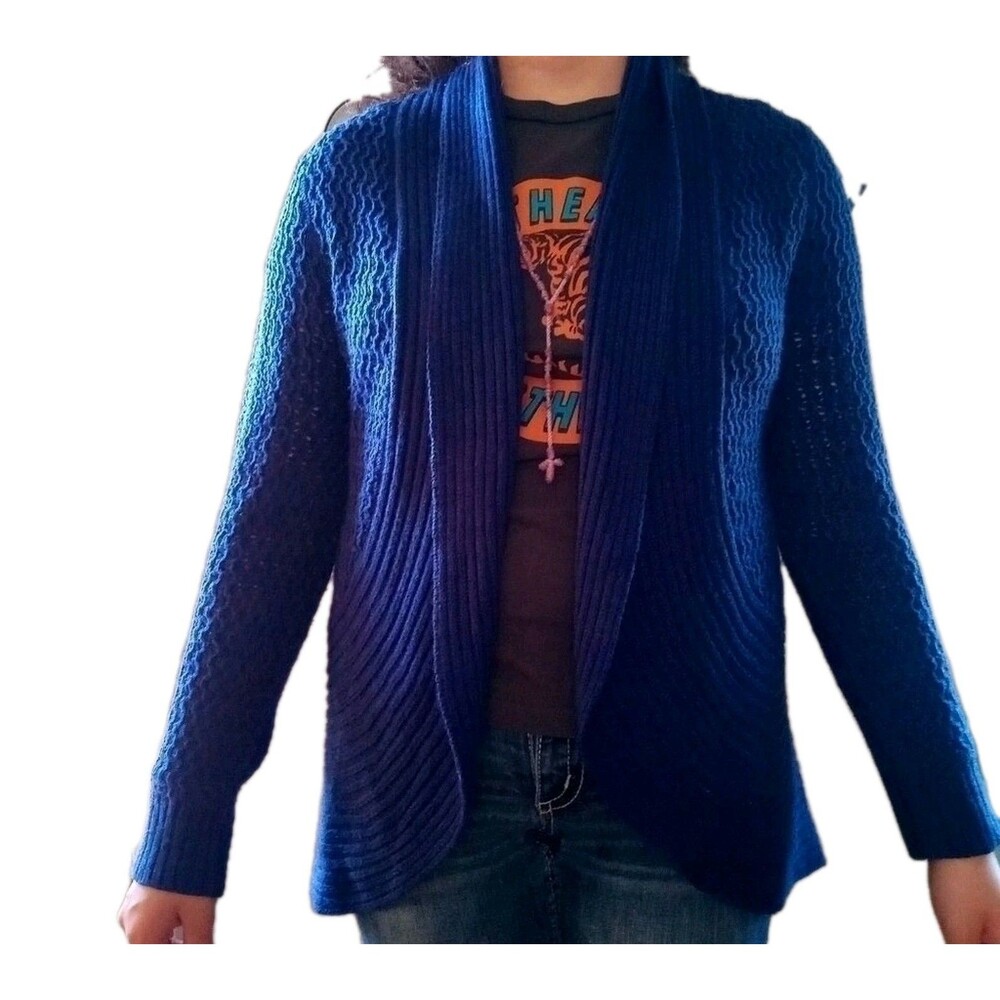 HANNAH Royal Blue Open Front Cardigan Sweater Women's Size M Ribbed Knit Soft